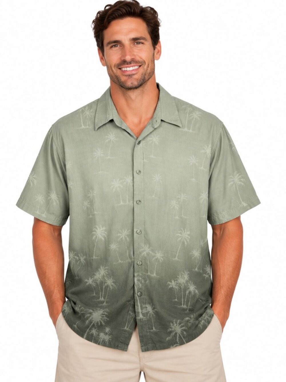 Campia Men’s XL Hawaiian Palm Tree Button Up Shirt Sage Green Short Sleeve